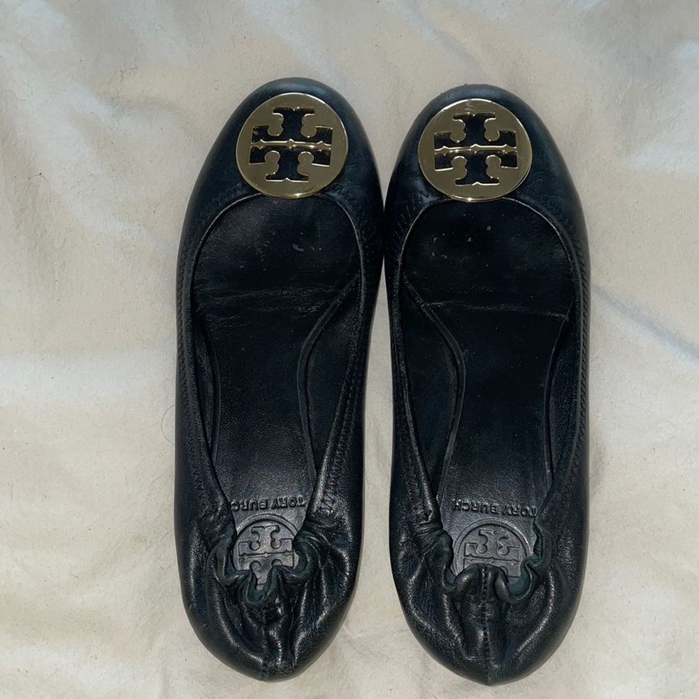 Tory Burch Gold Logo Black Flats Size 7
